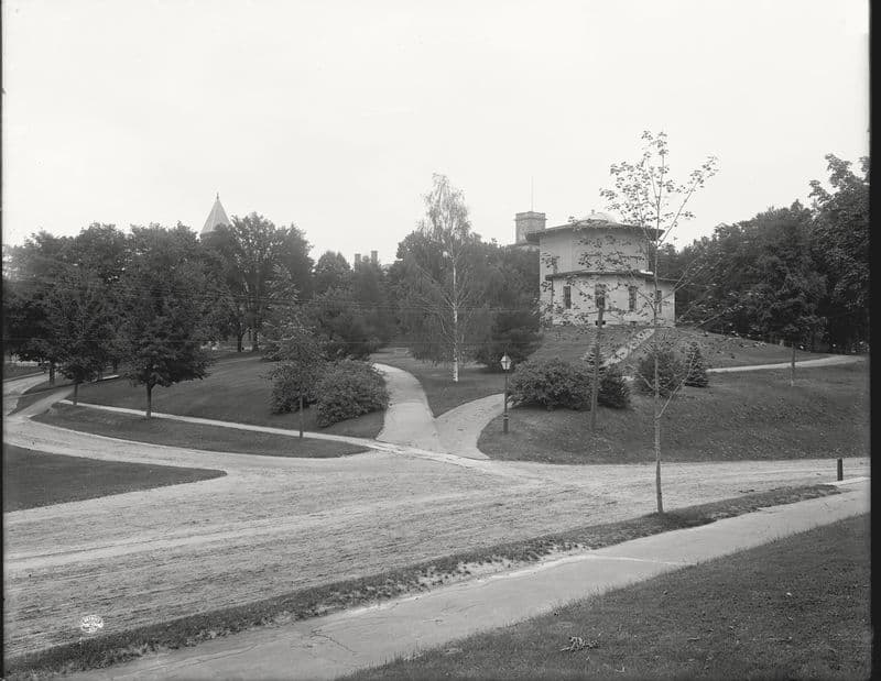 The Amherst College observatory and campus spires seen from the library.